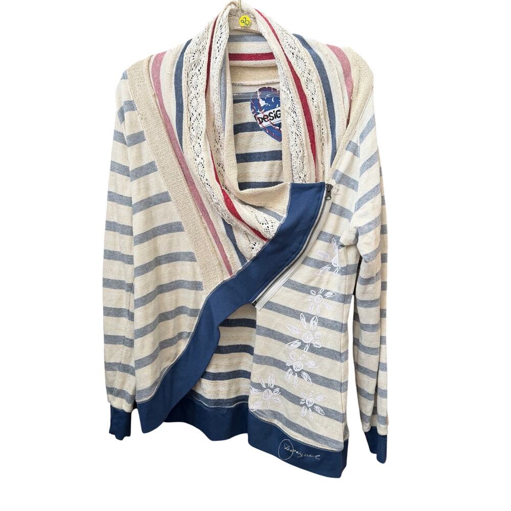 Desigual Asymmetric Zip Cardigan Cowl Neck Size XL Y2K Stripe Lace